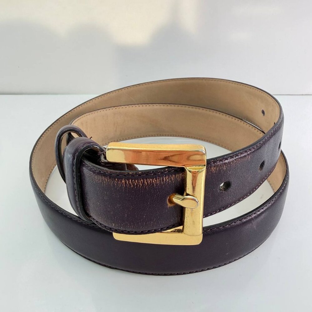 Talbots Genuine Leather Belt – Deep Purple / Eggplant – Size L – Gold Buckle